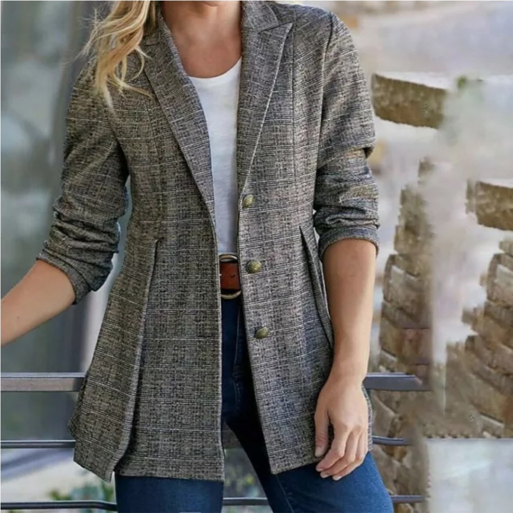 Fashion Street Plaid Buckle Turn-back Collar Outerwear Blazer, Khaki / M